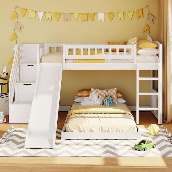 Harper & Bright Designs White Twin over Twin Bunk Bed with Storage Staircases, Slide, and Ladder
