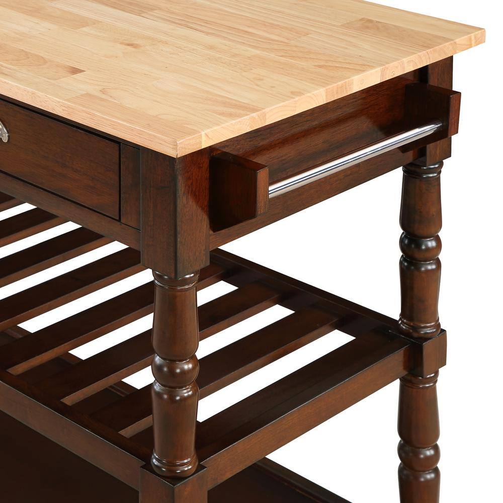 Espresso Solid Wood Butcher Block Kitchen Cart with Wine Rack