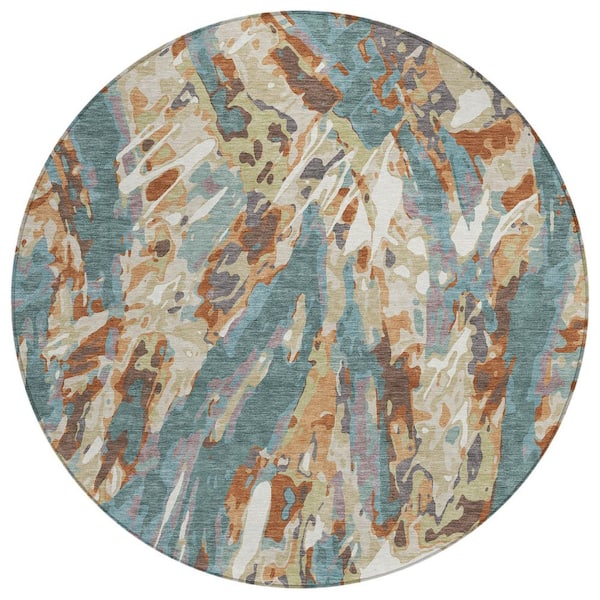 Chantille Machine Washable Indoor/Outdoor Abstract ACN2441 Teal 8 ft. x 8 ft. Round Rug