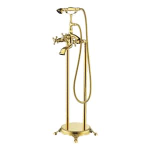 2-Handle Freestanding Floor Mount Tub Faucet Bathtub Filler with Hand Shower in Polished Gold