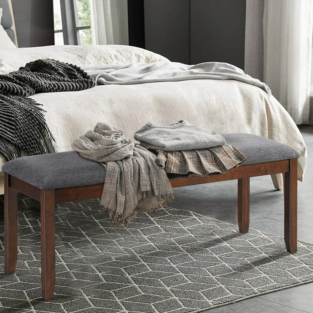 47.5" Gray Linen Upholstered Wood Dining Bench