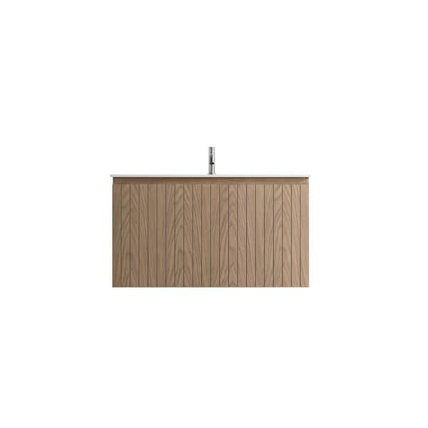 Modland Odele 36in. W x 19.75in. D x 20.16in. H Single Sink Floating Bath Vanity in Natural Wood with White Sintered Stone Top