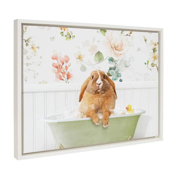 Kate and Laurel Sylvie Pudgy Bunny in Bath Framed Canvas by Amy Peterson Art Studio (Set of 1) Animal Art Print 18.00 in. x 24.00 in.