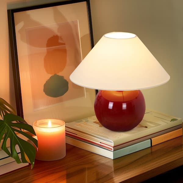 Fiona LED Glossy Red Ceramic Midcentury Round Globe Bedside Nightstand Desk Lamp with Cream Cotton Empire Shade