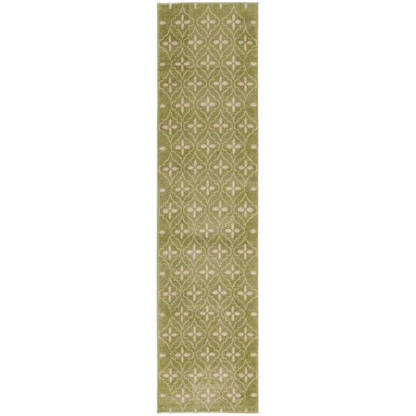 Nourison Essentials Green Ivory 2 ft. x 8 ft. Moroccan Contemporary Runner Area Rug