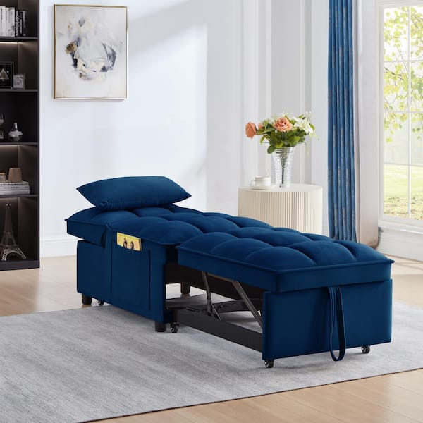 Unbranded 68.5 in. Blue Velvet 4 in1 Twin Size Sofa Bed with Storage Pockets Pull-out Sofa Bed with Adjustable Backrest Pillows