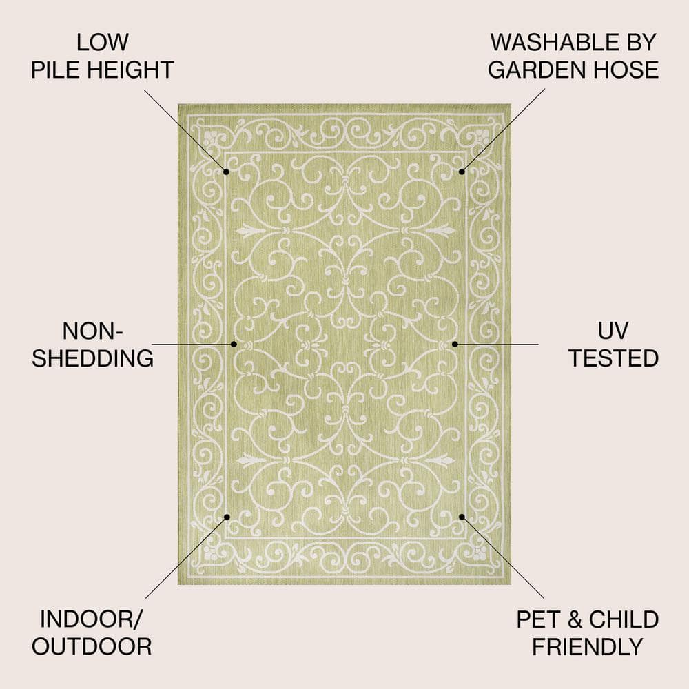 Boho-Chic Green and Cream Vintage Filigree 9' x 12' Indoor/Outdoor Rug