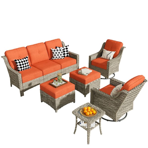 Leila 6-Piece Wicker Patio Conversation Seating Sofa Set with Orange Red Cushions and Swivel Rocking Chairs
