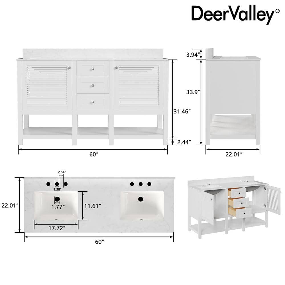 60'' White Double Sink Freestanding Bathroom Vanity with Marble Top