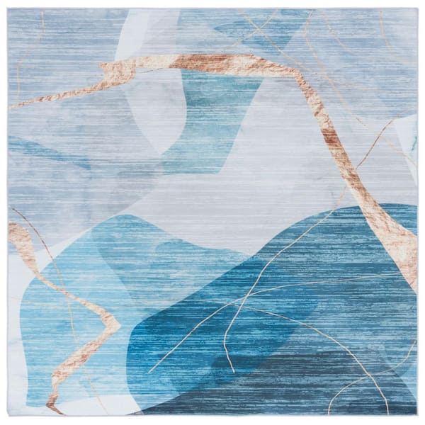 Malibu Blue/Gold 6 ft. x 6 ft. Machine Washable Abstract Modern Square Area Rug