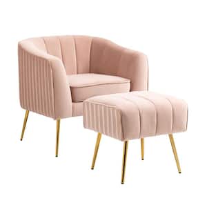 Modern Pink Metal Legs Velvet Pleated Design Upholstered Accent Armchair with Ottoman Set (Set of 1)