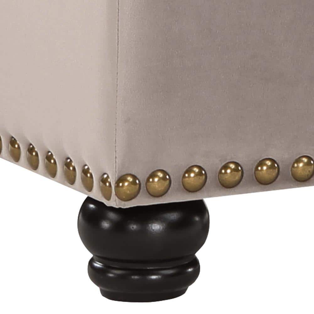 Elegant Taupe Velvet Tufted Storage Ottoman with Antique Nailhead Trim