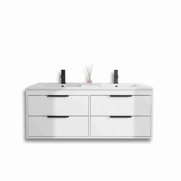 48 in. W x 18.1 in. D x 18.1 in. H 2-Sink Bath Vanity in White with White Resin Top and Drain Faucet Set