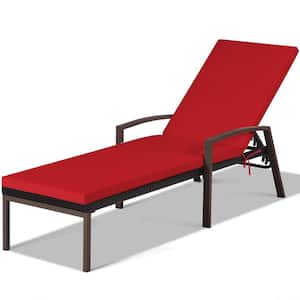 Adjustable Brown Rattan Wicker Patio Outdoor Lounge Chair Recliner Back with Red Cushions