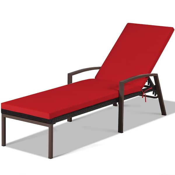 Costway Adjustable Brown Rattan Wicker Patio Outdoor Lounge Chair Recliner Back with Red Cushions
