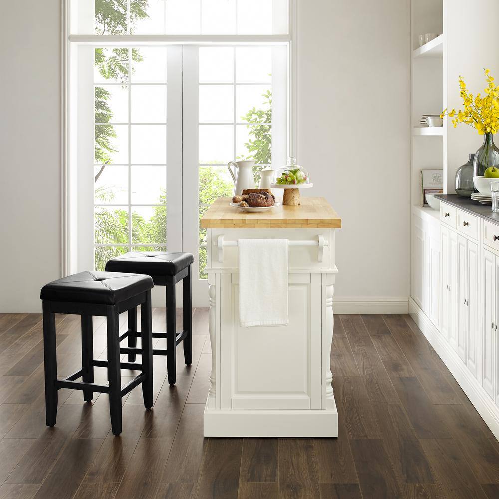 White Wood Kitchen Island with Black Stools