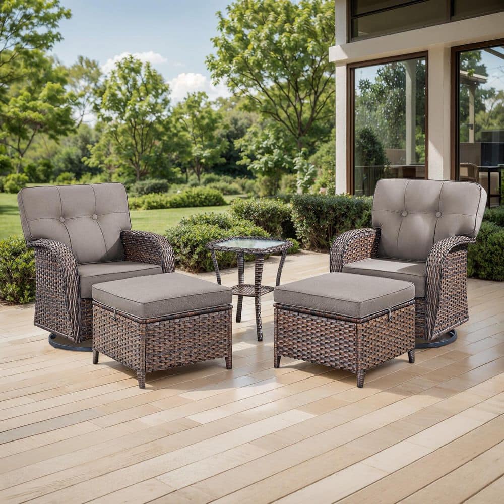 TWrap Brown 5-Piece Wicker Swivel Rocker Patio Conversation Set with 5 in. Thick Gray Cushions for Balcony price history on PriceWatchPro