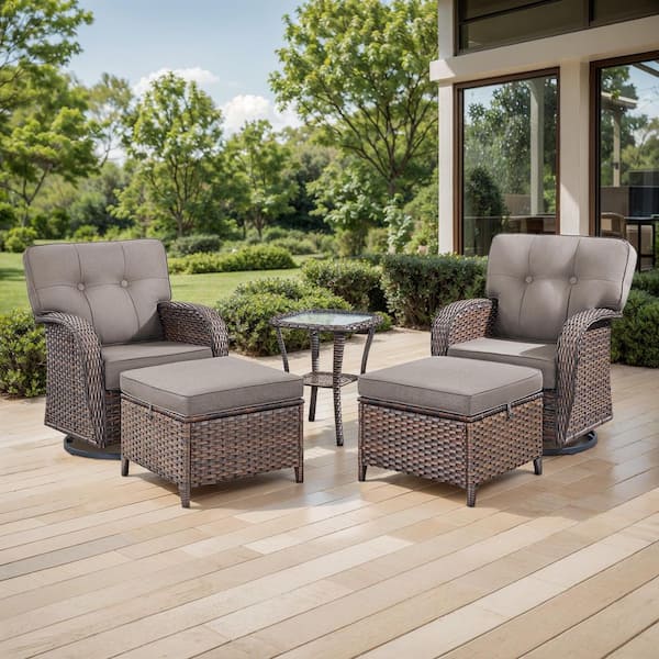 TWrap Brown 5-Piece Wicker Swivel Rocker Patio Conversation Set with 5 in. Thick Gray Cushions for Balcony