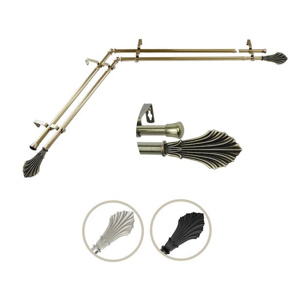 Rod Desyne 13/16" Dia Adjustable 28" to 48" Double Corner Window Curtain Rod in Antique Brass with Fin Finials