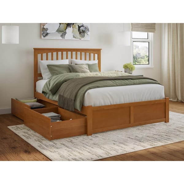 AFI Mission Light Toffee Natural Bronze Solid Wood Frame Queen Platform Bed with Footboard and Storage Drawers