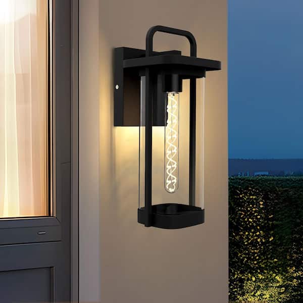 15 in. 1-Light Black Outdoor Hardwired Wall Lantern Scone with Clear Glass Shade and No Bulbs Included (2-Pack)