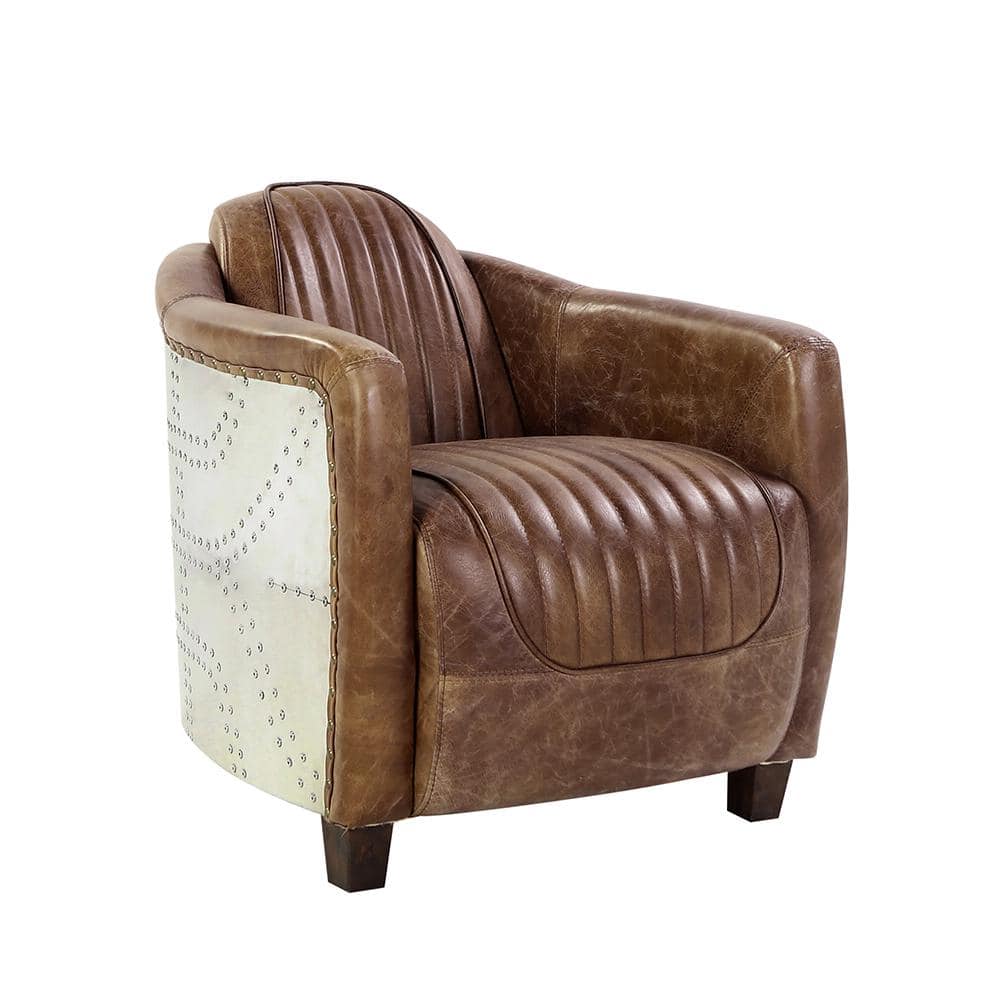 Retro Brown Top Grain Leather and Aluminum Accent Chair