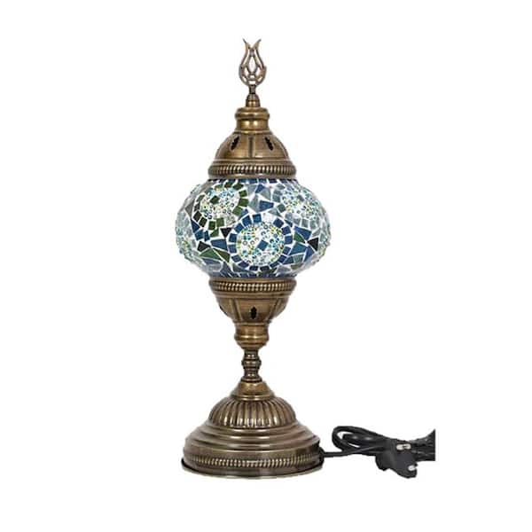 Unbranded 14.5 in. Handmade Turquoise Circles Mosaic Glass Table Lamp with Brass Color Metal Base