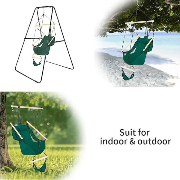 VINGLI 4 ft. Hanging Sky Hammock Chair with Fuller Pillow and Drink Holder  Beech Wood Indoor/Outdoor Patio Yard 250LBS in Green HD-G26001468 - The  Home Depot