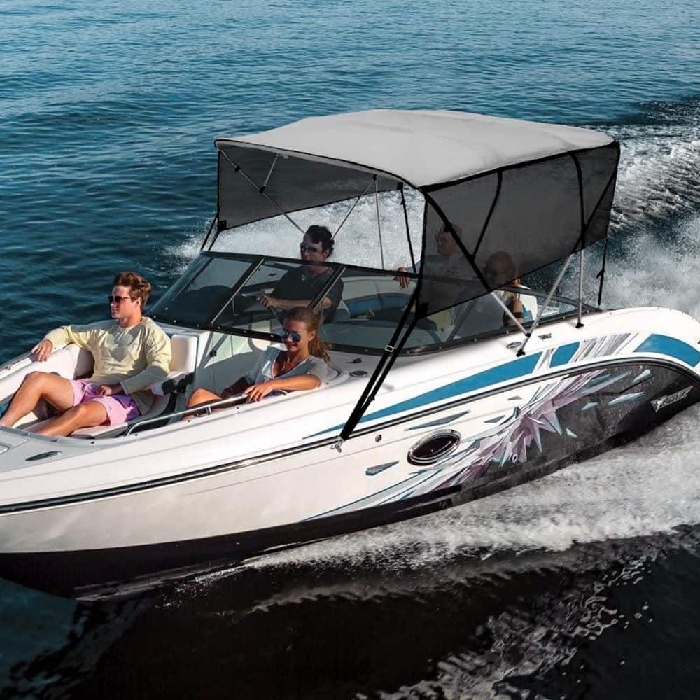 Light Grey 4 Bow Bimini Top Boat Cover with Mesh Sidewalls