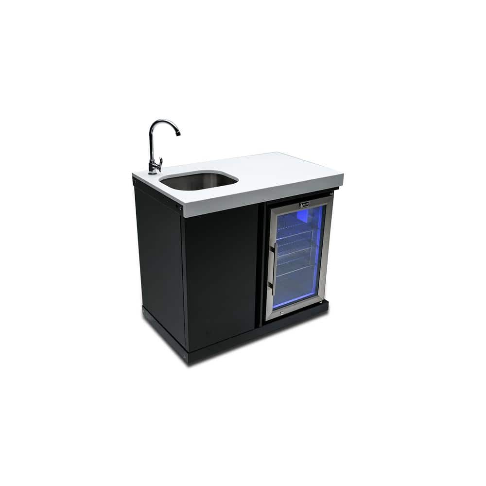 Black Stainless Steel Outdoor Beverage Center with Sink and Fridge