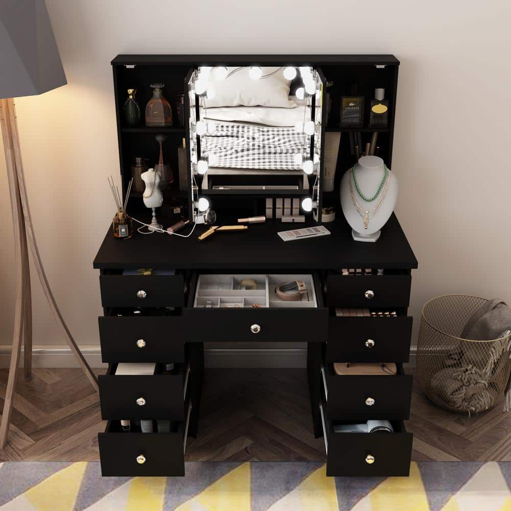 Black Modern Makeup Vanity Desk 9-Drawers Wood Dressing Table With 3-Mirrors, Hidden Storage Shelves, LED Bulb Lights - thumbnail 4