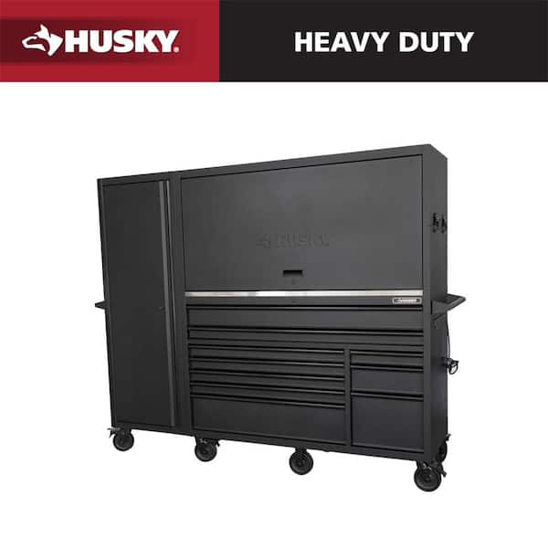 62 in. W x 24 in. D Heavy Duty 10-Drawer Mobile Workbench Combo Hutch and Side Locker in Matte Black