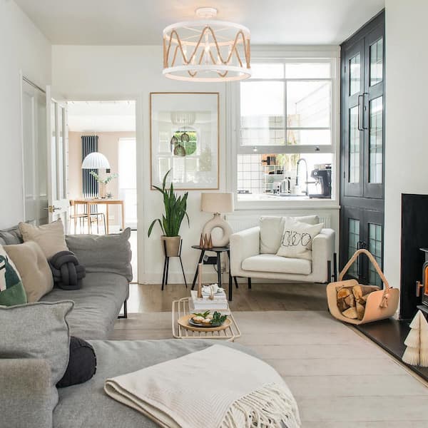 19.68 in. 5-Light White Metal Hemp Rope Candlestick Semi-Flush Mount Light Ceiling Light for Kitchen Island