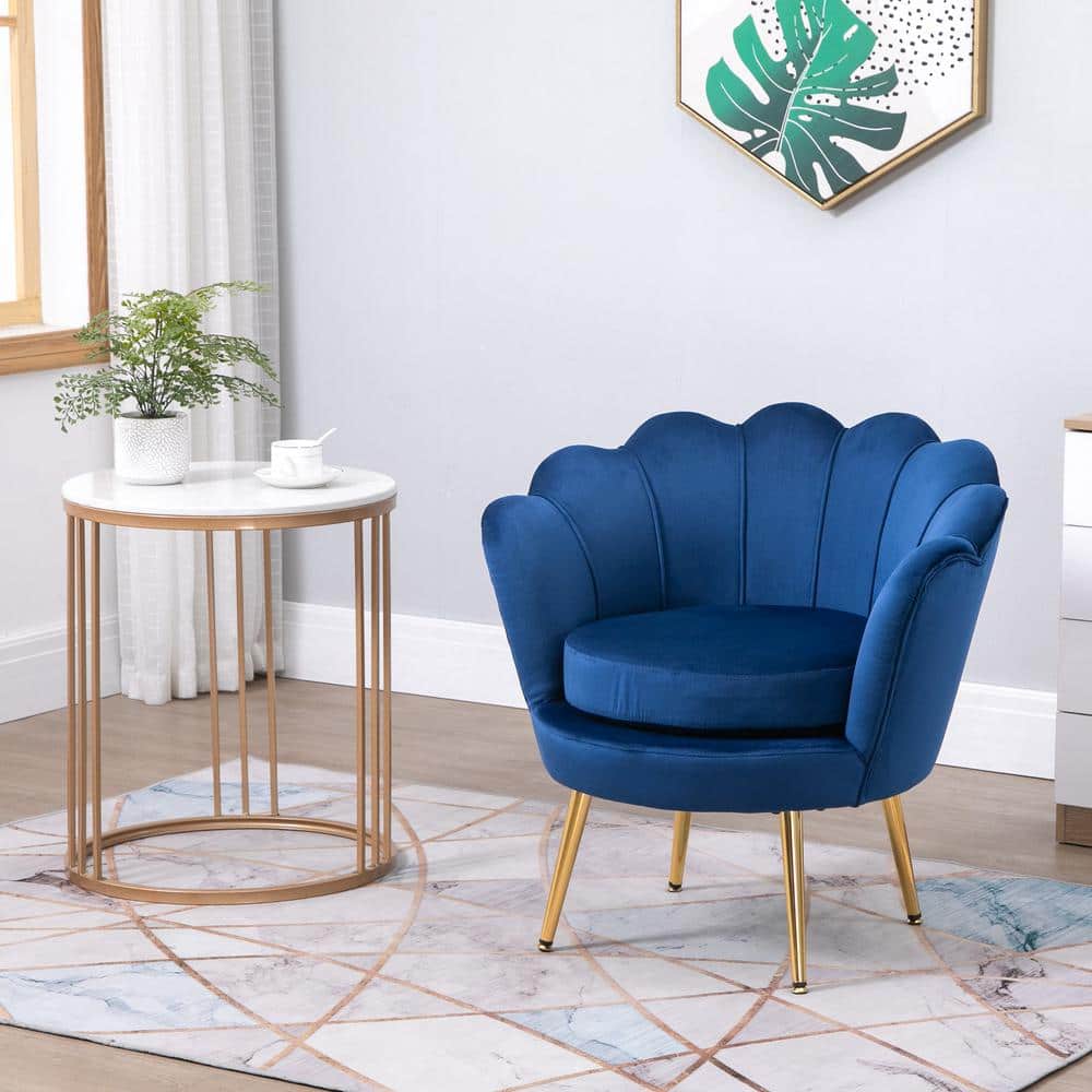 Elegant Lotus Blue Velvet Accent Chair with Gold Metal Legs