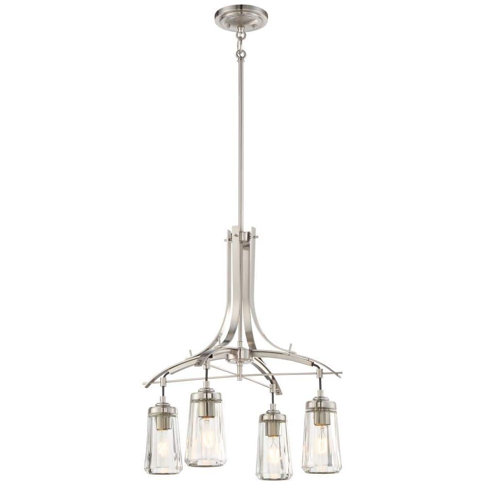 Elegant Industrial 4-Light Chandelier in Brushed Nickel with Clear Glass Shades