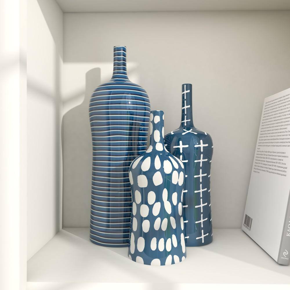 Blue and White Ceramic Bottle-Shaped Table Vase Set of Three