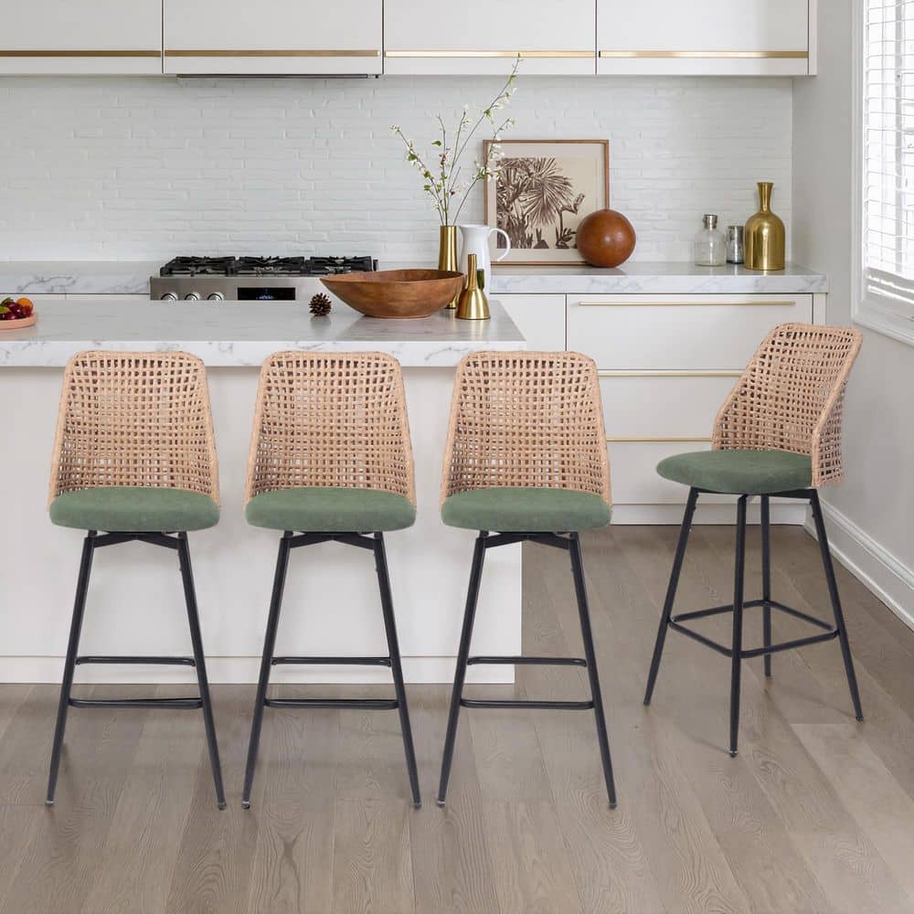 Uixe 42.7 in. H Woven wicker High Back Metal Bar Stool with Green Chenille Fabric Seat Cushion(set of 4) FOP-BT06SH-4-GN