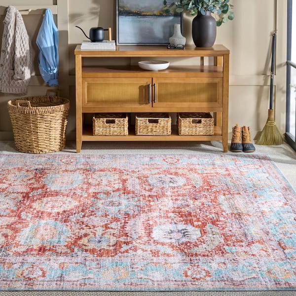 Martha Stewart Washable Turquoise/Rust 9 ft. x 12 ft. Machine Washable Distressed Ornate Area Rug