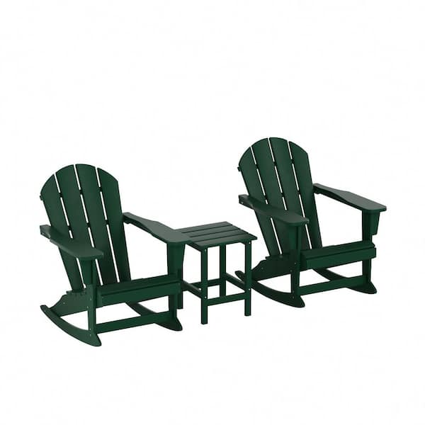 Laguna 3-Piece Fade Resistant Outdoor Patio HDPE Poly Plastic Adirondack Rocking Chairs and Side Table Set, Dark Green