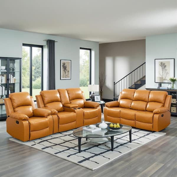 35 in. Pillow Top Arm Semi-PU/PVC Fabric Rectangle Recliner Sofa in Ginger, Modern Design with Adjustable Backrest