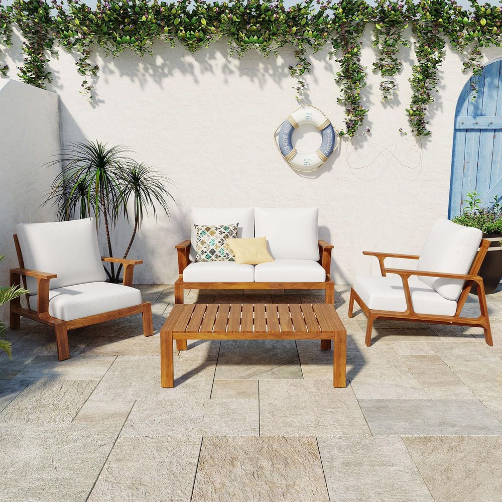 4-Piece Boho Rope Patio Set – 2 Chairs, Loveseat, Acacia Wood Table, OLEFIN Cushions, 705 Lb Capacity