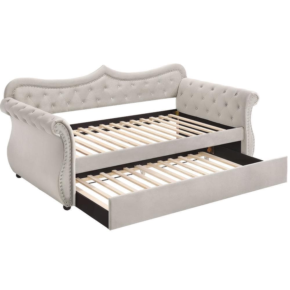 Beige Twin Upholstered Sleigh Daybed with Trundle and Nailhead Trim