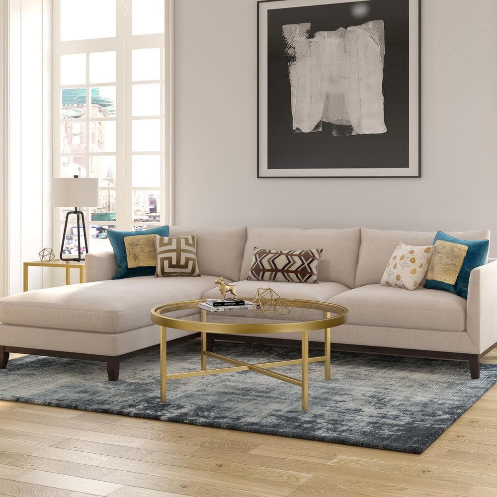 Elegant 36" Round Glass-Top Coffee Table with Brass Finish