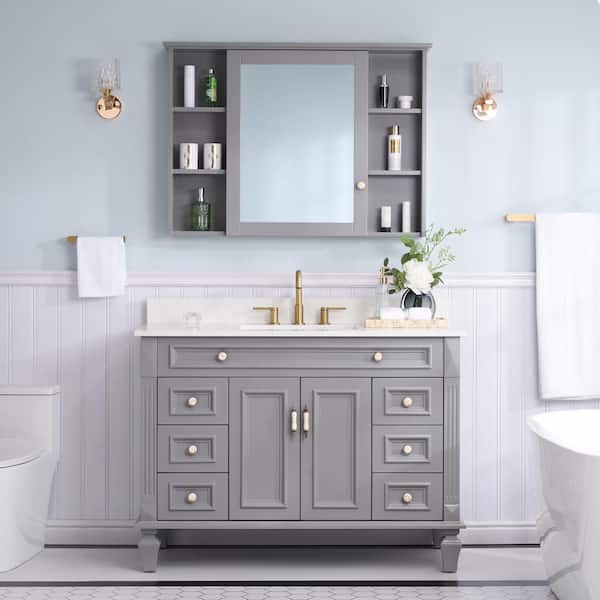 ANGELES HOME 48 in. W Solid Wood Bath Vanity in Grey with Carrara White Stain-Resistant Quartz Top, 42 in. W Wood Medicine Cabinet