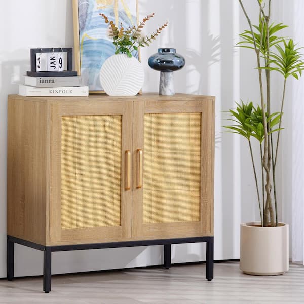 JEAREY Rattan Buffet 2-Door Storage Natural Sideboard Cabinet with Adjustable Legs