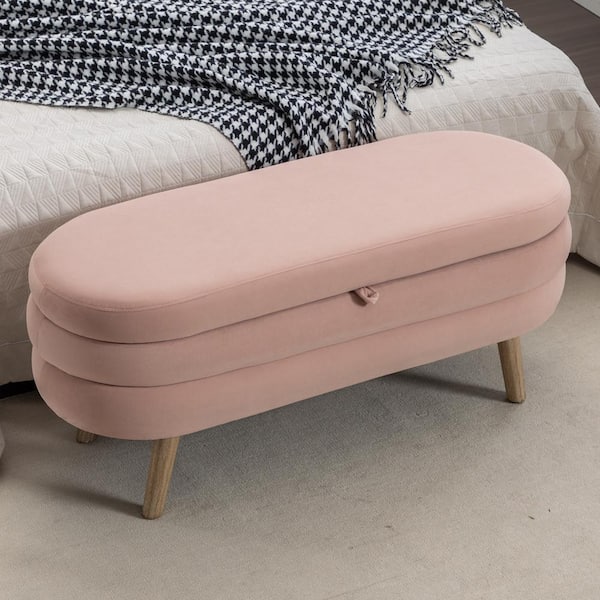 Noble House Faye Light Pink Velvet Modern Oval Storage Ottoman With Wood Legs