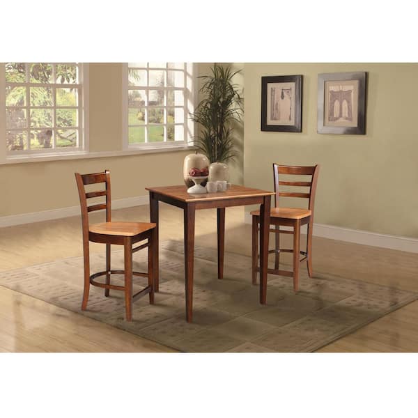 International Concepts 3 PC Set - Espresso/Cinnamon Solid Wood 30 in. Square Table with 2 Side Stools