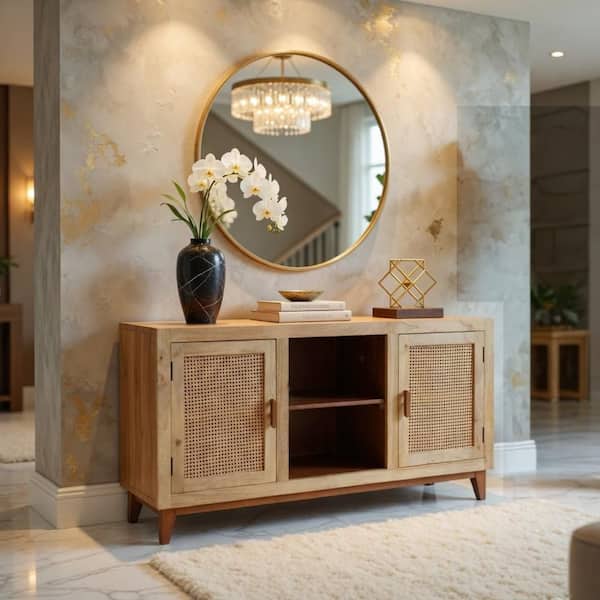 Aru Antique Brown Mango Wood Sideboard Buffet Cabinet with 2 Cane Doors and Open Shelves