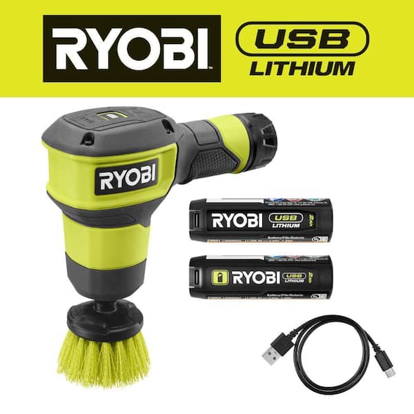 RYOBI USB Lithium Compact Scrubber Kit with 2.0 Ah Battery and USB Charging Cord with Extra USB Lithium 2.0 Ah Lithium Battery
