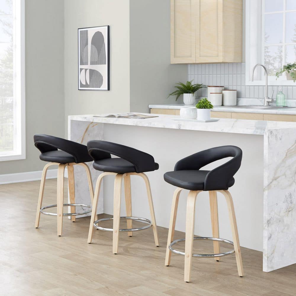 Grotto Upholstered 24 in. Natural Wood and Black Faux Leather Fixed-Height Counter Stool (Set of 2) price history on PriceWatchPro